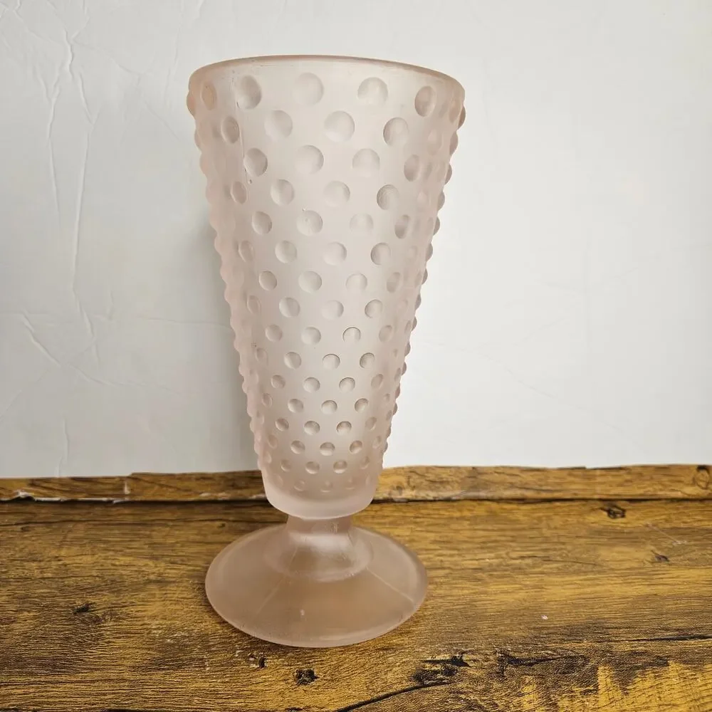 VTG Pink Frosted Hobnail Glass Flower vase 8in